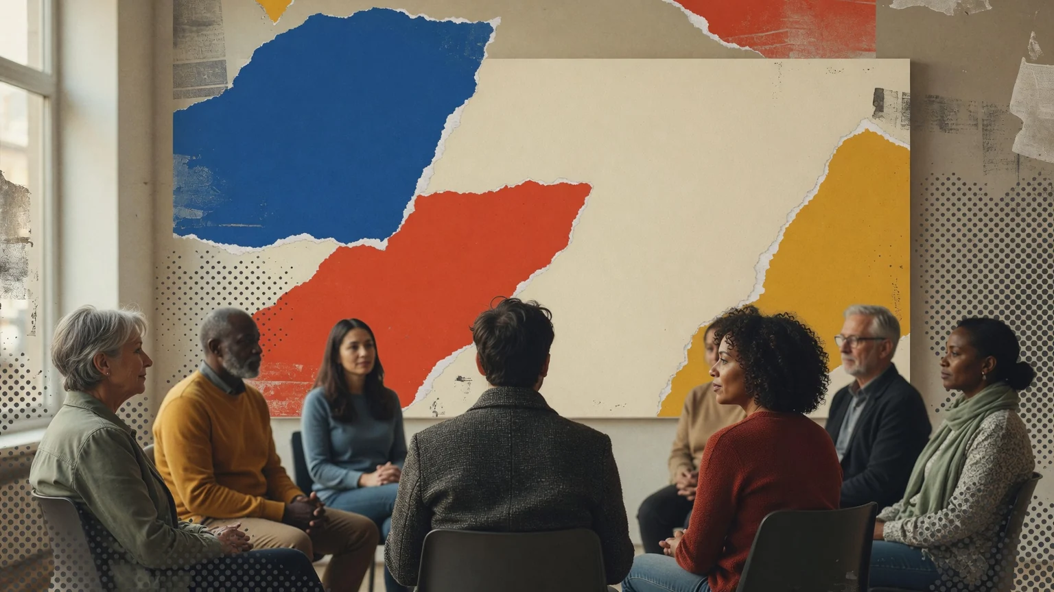 A diverse group of adults listening to each other in a circle