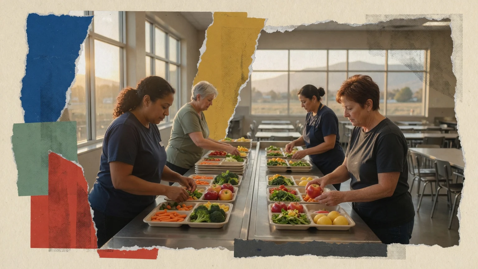 Adults preparing a school meal together while learning the practical workflow