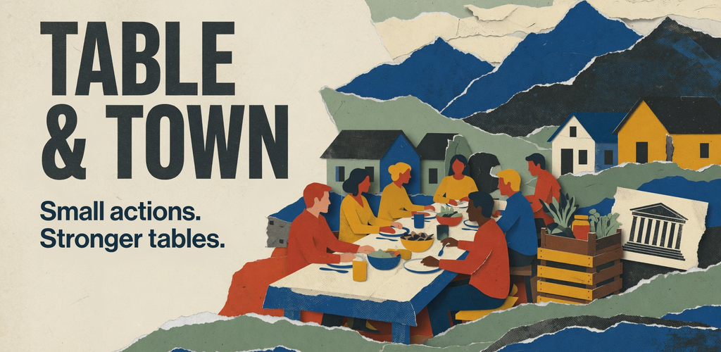 Table and Town collage showing neighbors gathered around a shared table with Utah mountains and community buildings