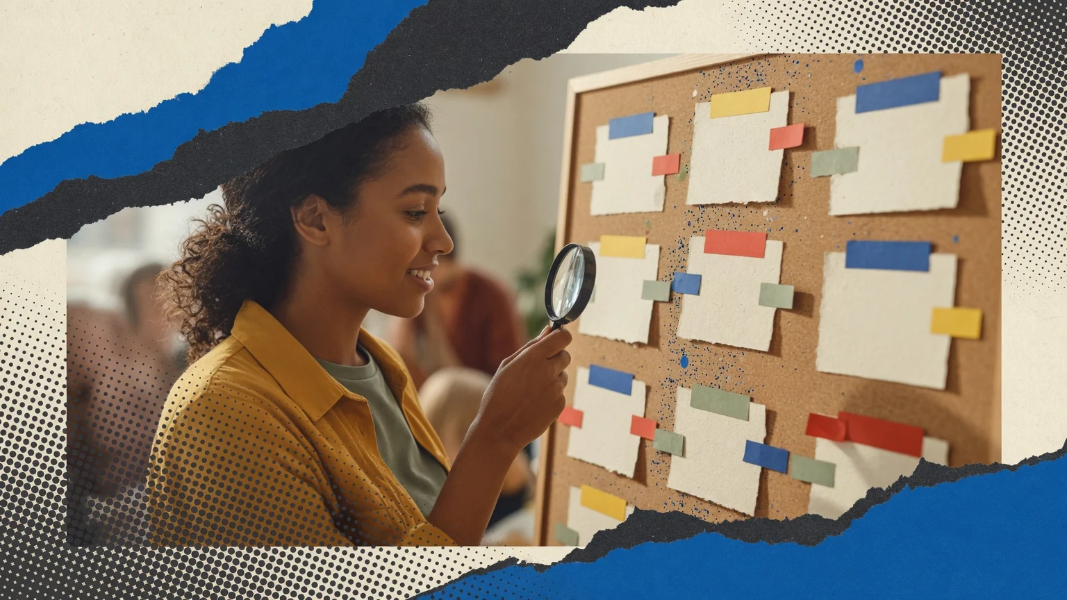 A community organizer reviewing an anonymous action board with blank notes