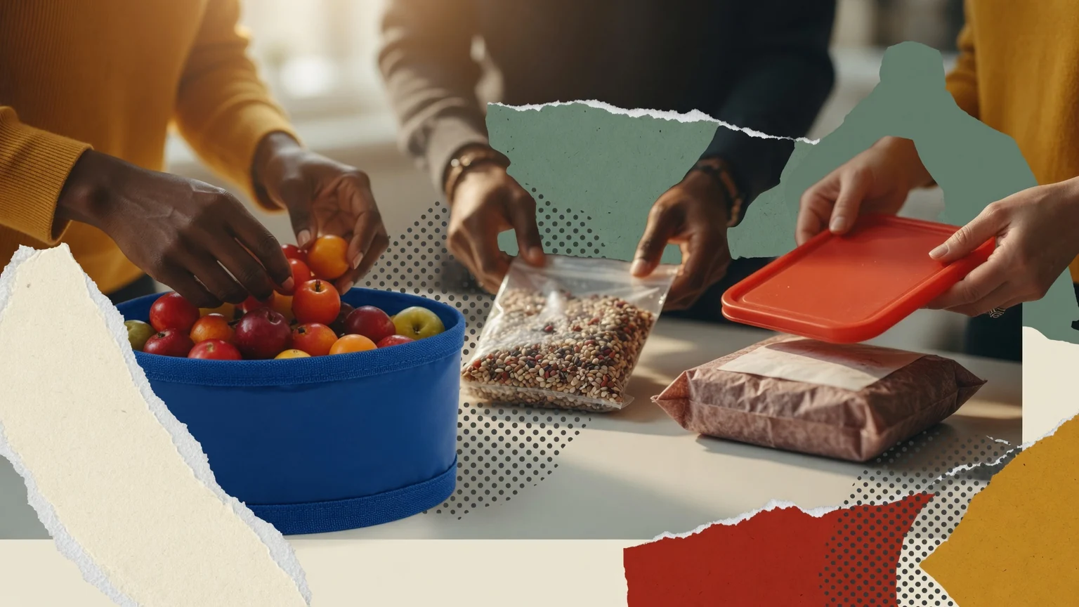 Hands carefully portioning food items for a community support activity